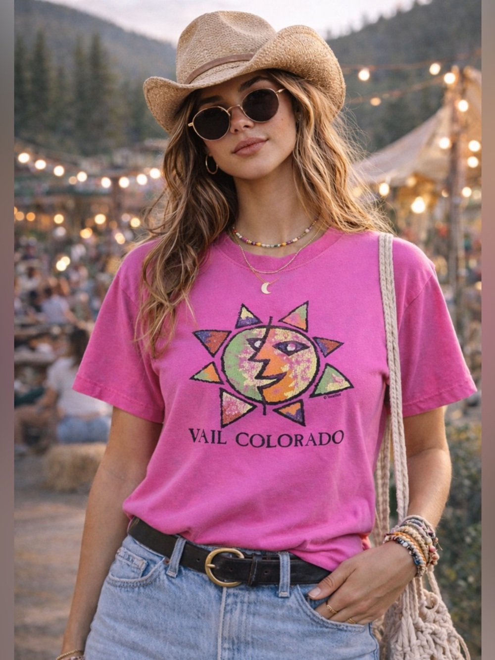 Vtg 90s Vail Colorado T-Shirt L Anvil USA Single Stitch Celestial Sun Graphic T